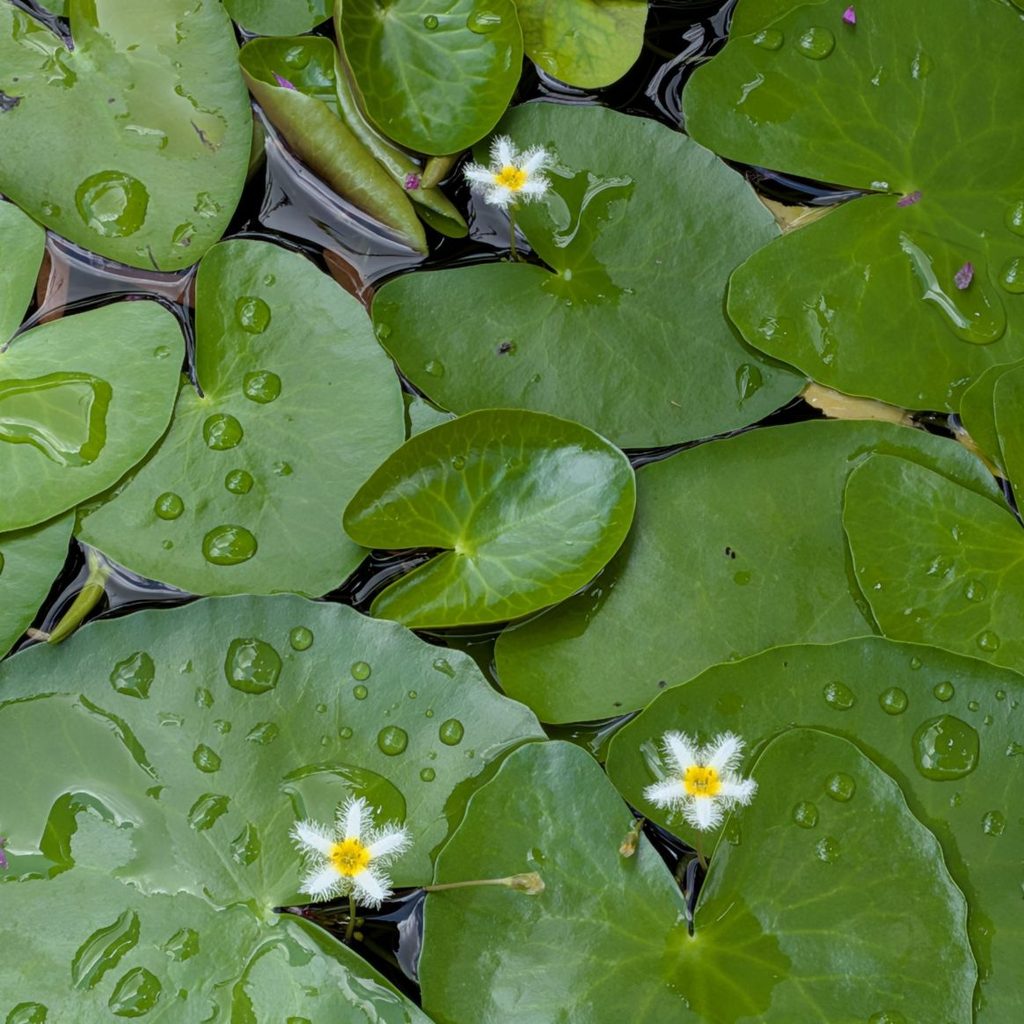 ガガブタ：花と葉 ／ Water Snowflake - Flowers and leaves